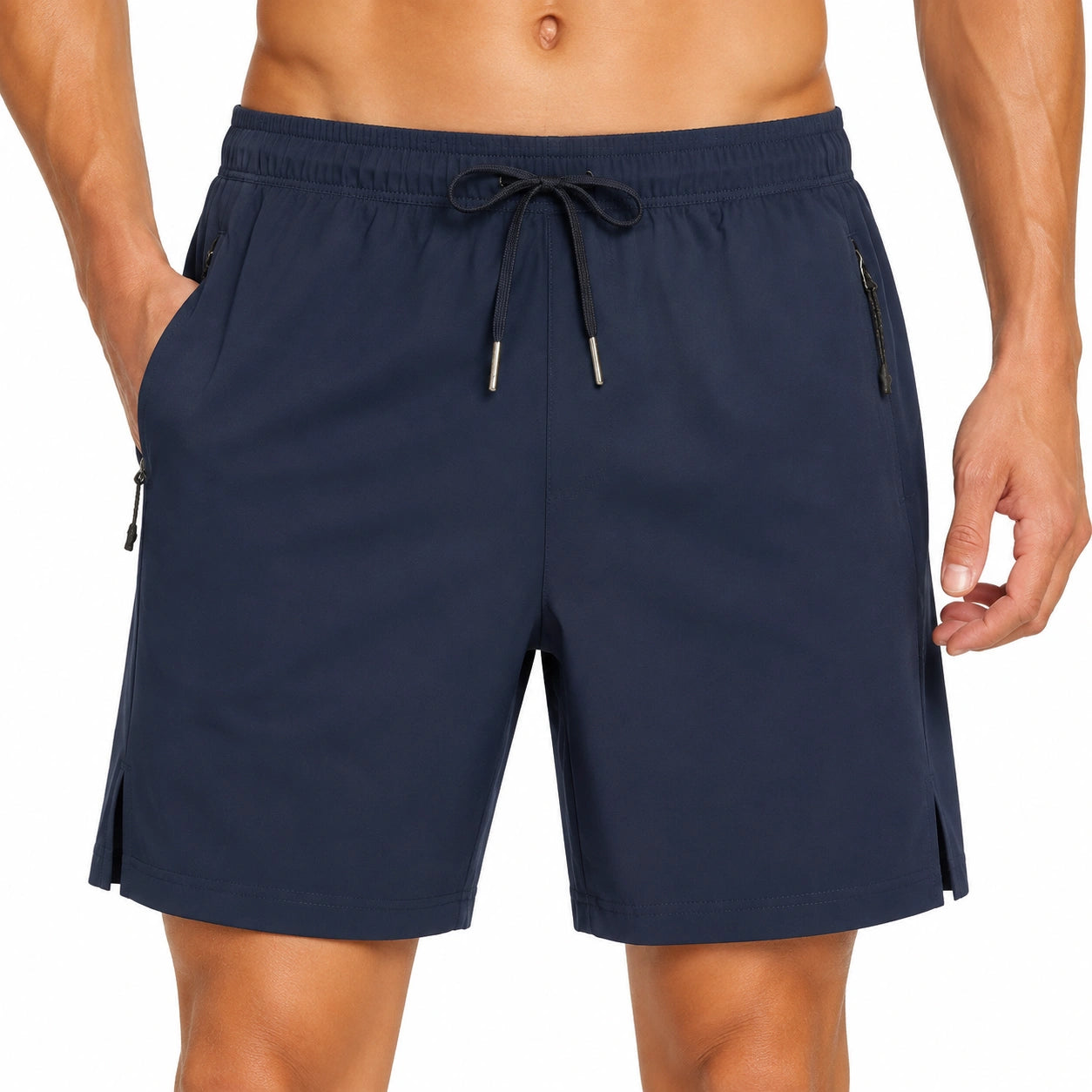 Herren Badeshorts Größe L aus Textil in Dunkelblau mit Reißverschlusstaschen und Kordelzug