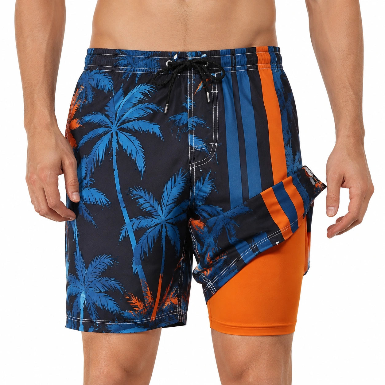 Herren Badeshorts L aus Textilgewebe Blau Orange mit Palmenprint und Innenhose