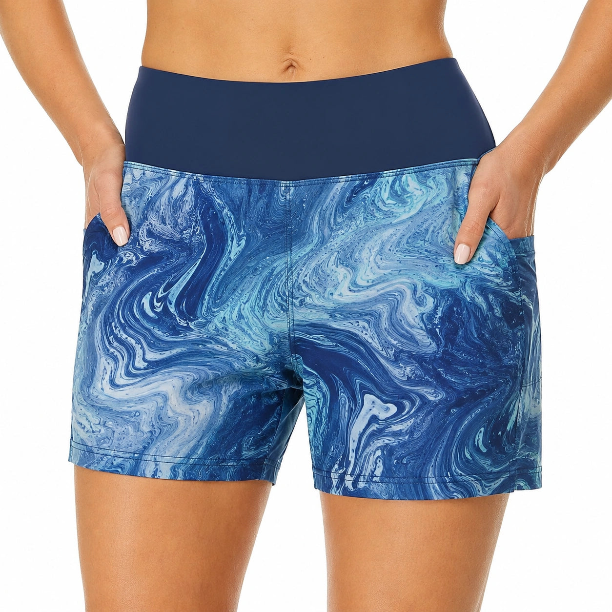 Damen Badeshorts Größe M aus elastischem Kunstfaserstoff Blau Türkis mit hohem Bund
