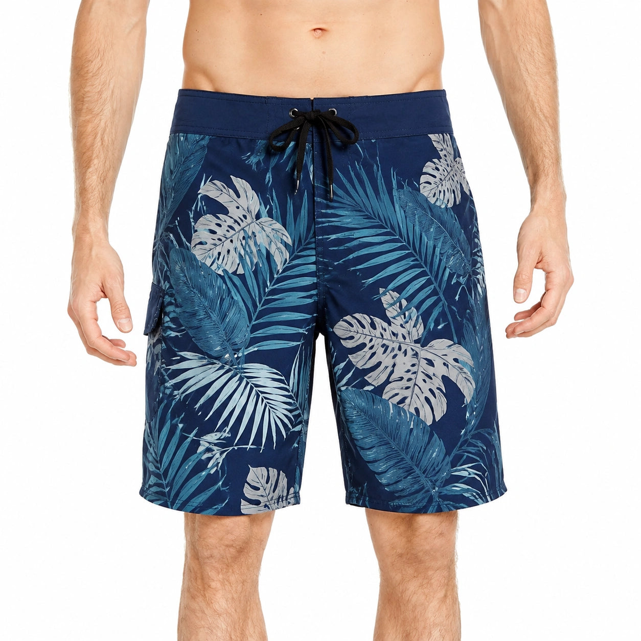Herren Badeshorts XL Blau mit Blattmuster und Kordelzug