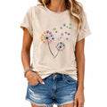 Damen T-Shirt M Beige Baumwolle mit buntem Pusteblumenprint Kurzarm Freizeit