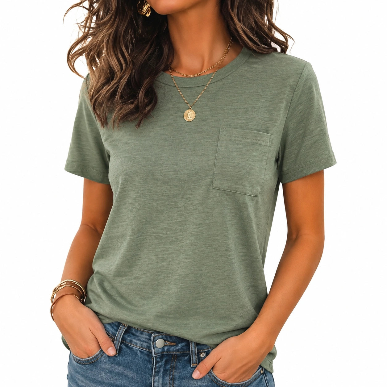 Damen T-Shirt Größe M Grün aus Textil mit Brusttasche Kurzarm