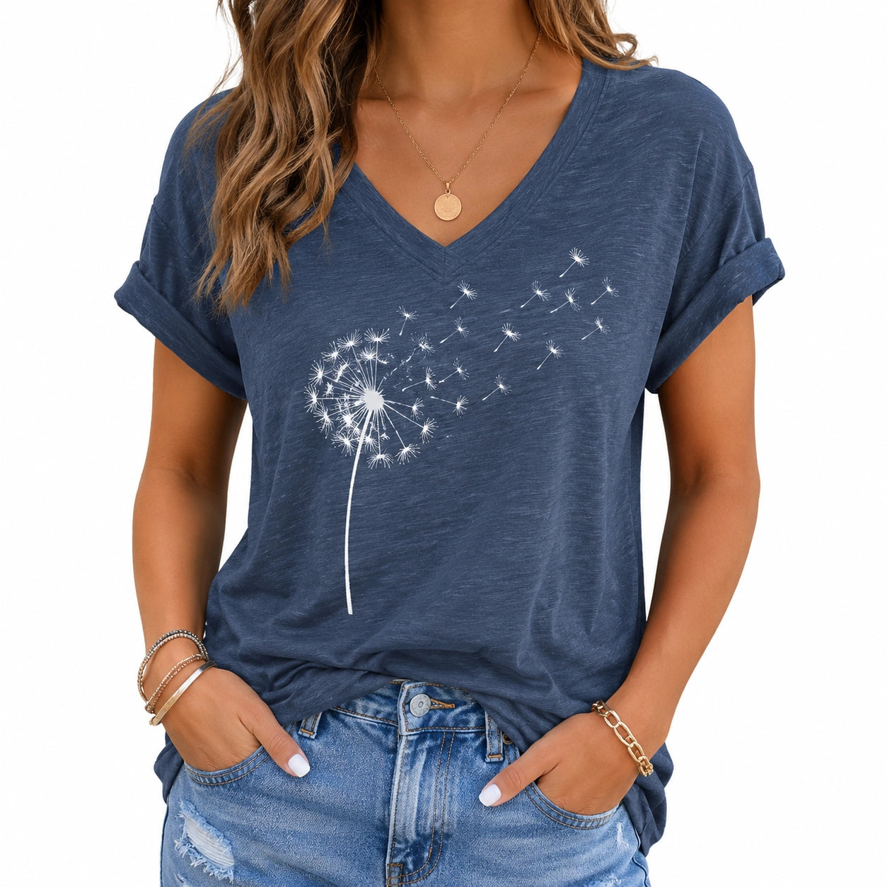Damen T-Shirt Größe L Blau Textil mit Pusteblumenmotiv V-Ausschnitt Kurzarm