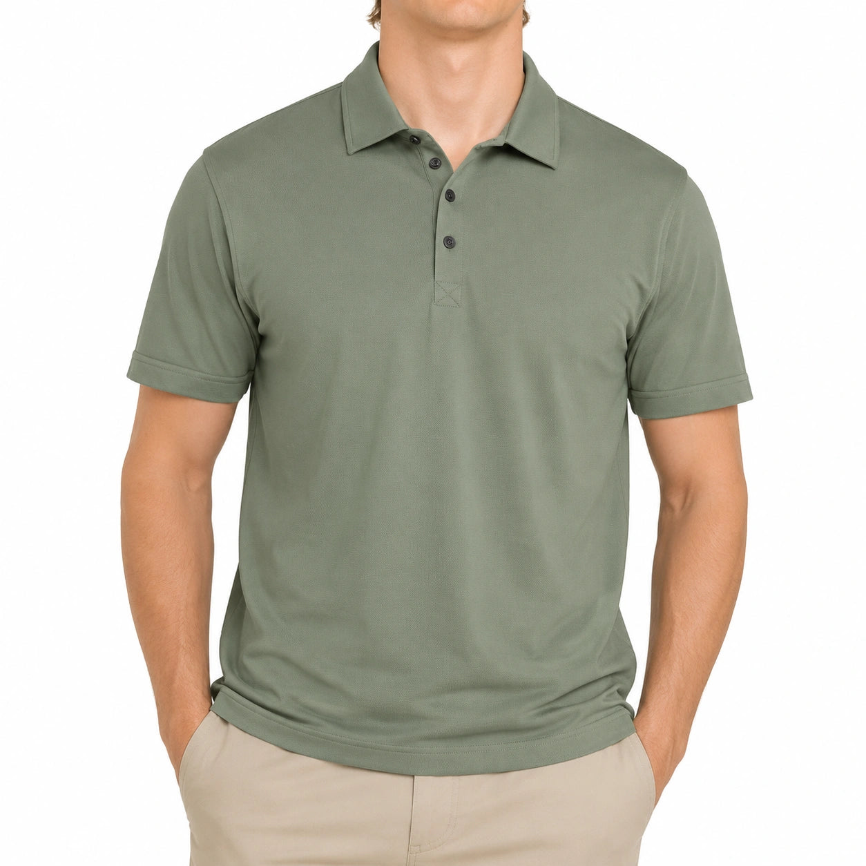 Herren Poloshirt XL aus Synthetikfaser Olivgrün Kurzarm mit Knopfleiste