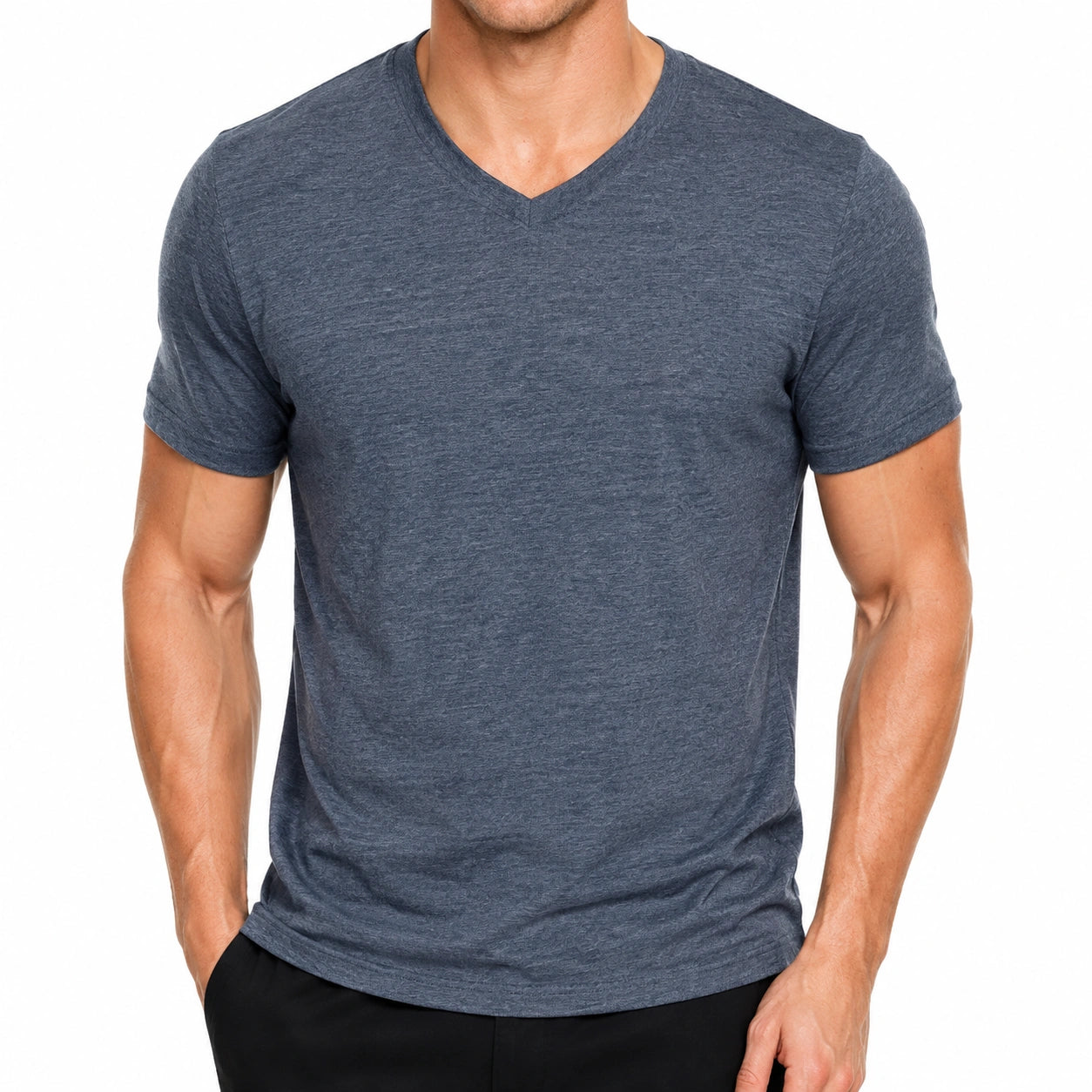 Herren T-Shirt Größe L dunkelblau meliert aus Jersey mit V-Ausschnitt