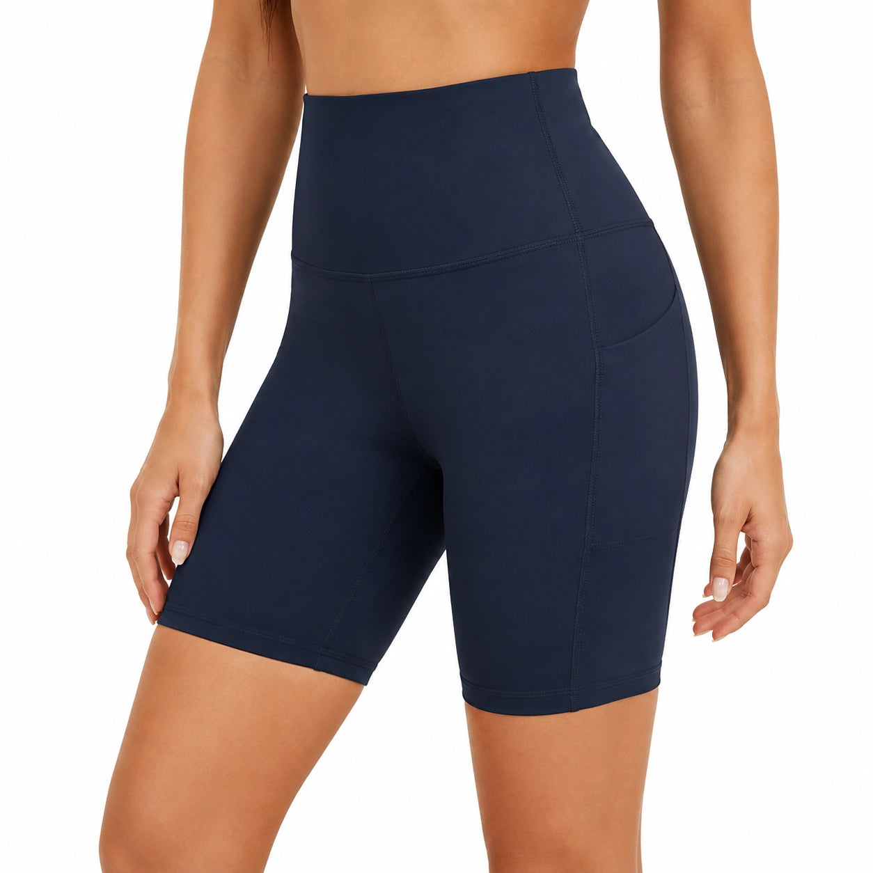 Damen Radlerhose S aus elastischem Synthetikgewebe Navyblau mit hoher Taille und Seitentasche